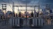© Margarita Ratatosk - Electrical power substation with transformers and high voltage lines. Urban electricity system for city energy supply at sunset.