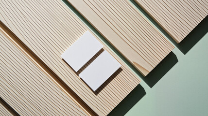 Blank business cards on wooden surface with green background  