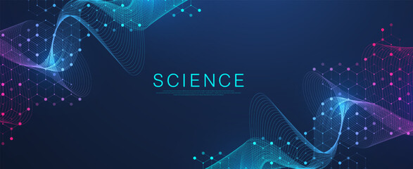 Wall Mural - Molecular abstract structure and genetic engineering DNA. Healthcare and medicine background concept. Scientific research background. Wave flow. Innovation pattern. Vector illustration.