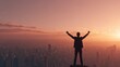 © mila103 - A person stands triumphantly on a high vantage point, arms raised in celebration. The vibrant sunset casts colorful hues over the sprawling city below, creating a moment of joy and accomplishment.