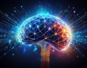 Wall Mural - a glowing digital 3d brain with neural connections illuminated against a dark background with smoky effects and sparkling light points