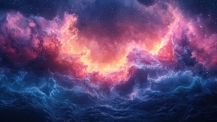 Wall Mural - vibrant cosmic clouds illuminated by fiery hues, bleding seamlessly with deep lue waves, creating a 