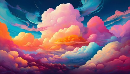Wall Mural - i am looking at a painting of colorful clouds the sky is a deep blue and the clouds are various shades of pink purple and orange they look like they remade out of cotton candy
