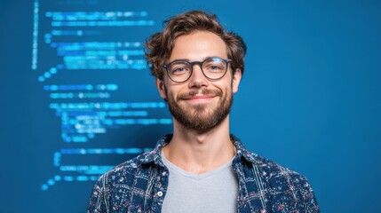 A young man with glasses and a beard stands smiling in front of a blue background filled with computer code. This moment captures enthusiasm and creativity at a technology conference.