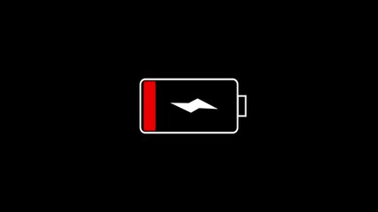 Mobile phone battery low warning blink animation black background, A warning message with flashing battery symbol about low battery power or exhaustion.