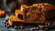 © Marry93 - A chocolate chip pumpkin bread, sliced and slightly stacked, deep amber color palette, flat lay with soft focus area for copy
