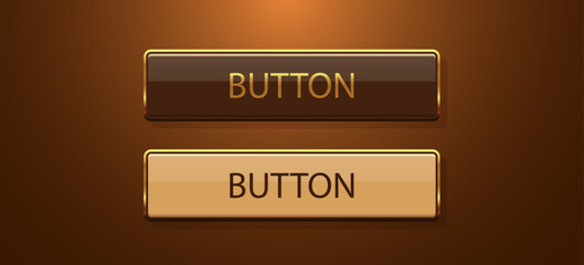 Metallic rectangle button set. Metal design for empty emblem. Glossy golden frame. 3D realistic vector shiny button