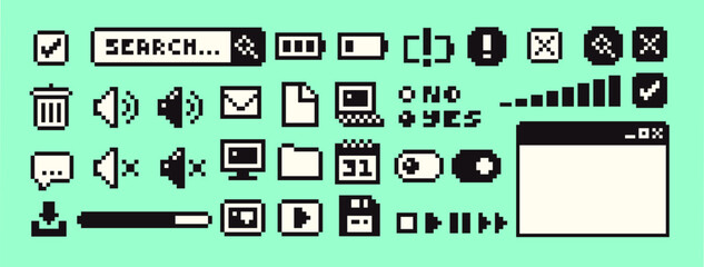 A collection of retro pixelated user interface icons. Creative digital assets for web and app design with a nostalgic 90s aesthetic for your DIY digital projects