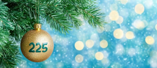 Gold Christmas bauble with the number 225 hangs from a pine branch against a bokeh background.