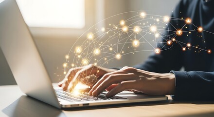 Close-up of hands typing on a laptop with glowing digital connections representing data transfer