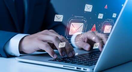 Digital connectivity person typing on laptop with floating data icons and network visualization