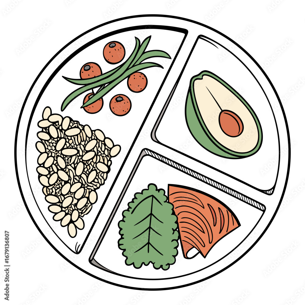 Healthy balanced meal on a divided plate featuring salmon avocado beans ...