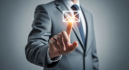 Businessman's finger touches glowing email icon symbolizing digital communication and networking