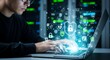 © Anik Sarker - Cybersecurity professional working on laptop with digital security icons and network data visualization