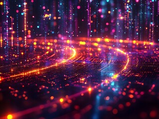 Wall Mural - vibrant digital abstract background featuring glowing neon data lines and particles illustrating a f