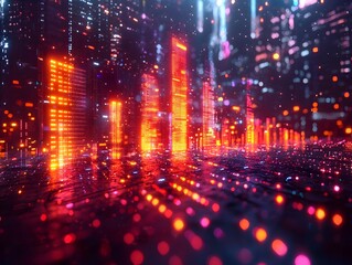 Wall Mural - a vibrant futuristic digital cityscape at night with towering glowing data visualizations and abstra