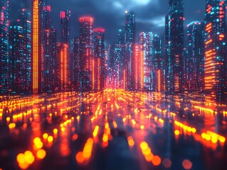 Wall Mural - vibrant futuristic city at night illuminated by glowing neon lights reflecting on a shimmering digit