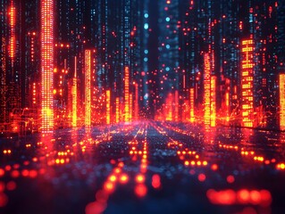 Wall Mural - futuristic digital cityscape representing data flow and network connections with glowing red and blu