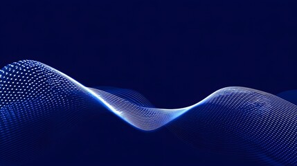 Elegant, flowing digital wave pattern with intricate lines and particles against a deep blue background, creating a futuristic, abstract landscape.