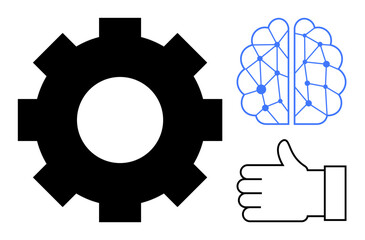 Wall Mural - Gear symbol showing mechanics, neural network diagram for artificial intelligence, and thumbs-up for approval. Ideal for innovation, automation, machine learning, teamwork, data science, AI