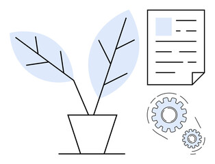 Potted plant with two leaves symbolizing growth next to a document and interlocking gears showing operations and systems. Ideal for sustainability, innovation, business, workflow, ecology, education