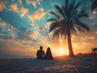 Wall Mural - a serene silhouette of a couple sitting on a tropical beach gazing at the vibrant sunset sky with a 