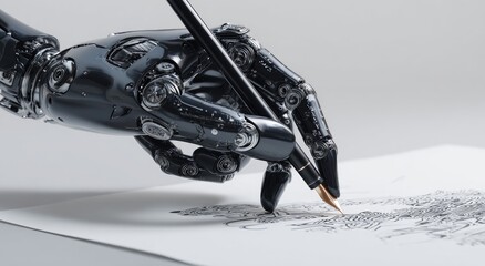 A metallic robot hand holding a pen and drawing on paper