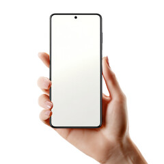 Elegant hand presenting a modern smartphone with a pristine display on transparent setting ideal
