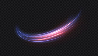 Wall Mural - curved glowing light trail in blue and red colors with motion blur on dark background. dynamic energ