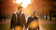 © felasteri - Happy Couple Holding Hands Walking in Autumn Park at Sunset, Romantic Fall Romance