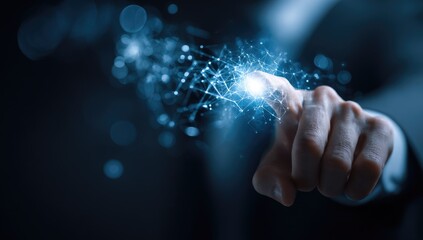 Businessman Touching Glowing Digital Network Connection Point.