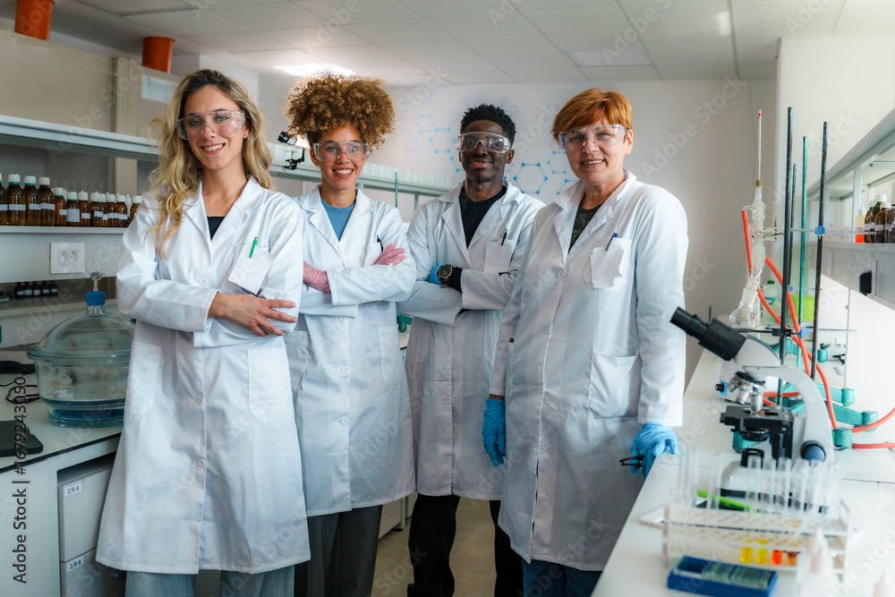 Four diverse scientists and their professor stand confidently in a ...
