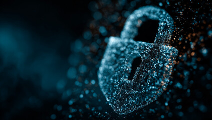 Digital Lock Shimmers: Data Security Concept. Abstract, blue particles form padlock. Ideal for cyber security marketing, IT solutions, tech websites, editorial use.