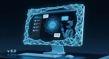 Digital Ai Chatbot Conversation on Computer Screen with Abstract Network