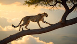 A majestic cheetah gracefully walks along a tree branch during a vibrant african sunset