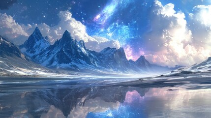 Frozen mountain landscape mirroring celestial event