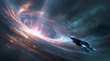 Sleek futuristic vessel diving into a spinning wormhole with swirling lights, nebula swirls and glowing particles