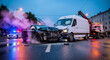 © Asim-Backgrounds - A severe car accident scene with a damaged black car and a white van under the evening sky on a wet road
