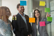 © GREGORIO - Business team brainstorming with sticky notes on glass wall in office