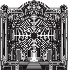 Intricate Labyrinth Illustration Featuring a Person at the Entrance and Circuitry-Inspired Design