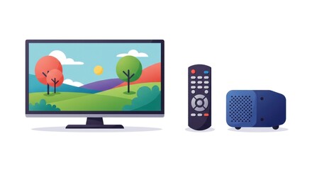 A flat-screen television displays a landscape scene, accompanied by a remote and a speaker.