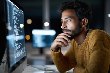 indian male coder working late in dark room with glowing screen