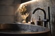 © BYAI - Stylish bathroom design features a black tub and elegant water flow in a modern setting with soft lighting