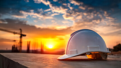 A white hard hat rests on a construction site at sunset, with silhouettes of cranes and steel structures in the background, symbolizing the building industry.