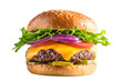 © MONOHOR - Close up of a delicious cheeseburger with lettuce, tomato, onion, and pickles.