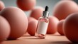 © Studio Zenith - Flacon de serum cosmetique rose avec pipette sur surface doree