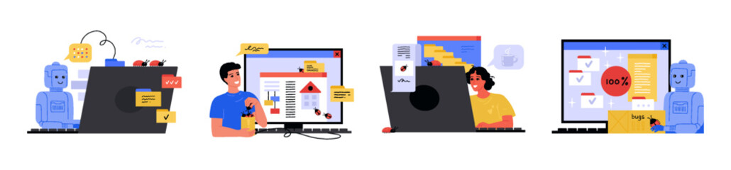 System bugs. QA software automation. Website error test or devops programming source. Security report. Artificial intelligence robot. Automated malware analysis. Vector concepts set