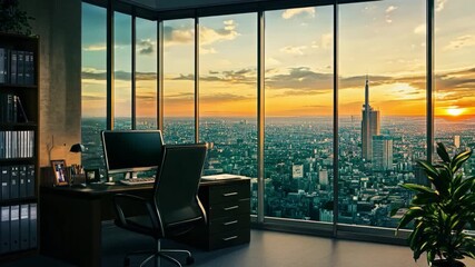 Wall Mural - Modern office with a stunning city view at sunset, showcasing a skyline and a serene atmosphere