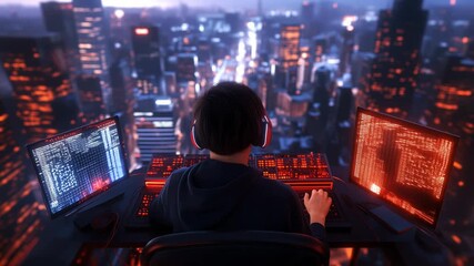 Young programmer developing software in futuristic metropolis
