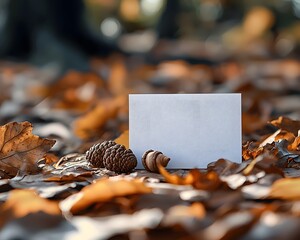 Wall Mural - blank white card stands amongst autumn leaves and pinecones on a forest floor offering customizable 